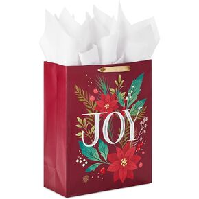 Hallmark 15" Extra Large Christmas Gift Bag with Tissue Paper (Dark Red with Poinsettia Flowers, "JOY") for Mom, Sister, Grandmother, Wife, Teacher, Boss