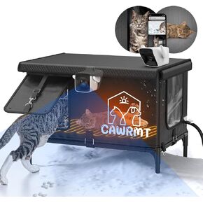 Upgraded Heated Cat House in Winter for Outdoor Cat with Smart Camera, Waterproof & Insulated, Elevated Shelter with Heating Pad for Monitoring Stray Feral Kitten (Black, XL 26.7" Lx21.6Wx16.1Th)