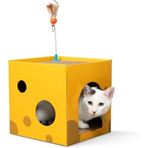 Cardboard Cat House Scratcher Box 2-Story Cube Condo for Indoor Cats with Hiding Spot, 2 Extra Thick Cardboard Scratching Pads and Feather Toy - Great Corner Hideout for Kitties, Kittens (12"x12")
