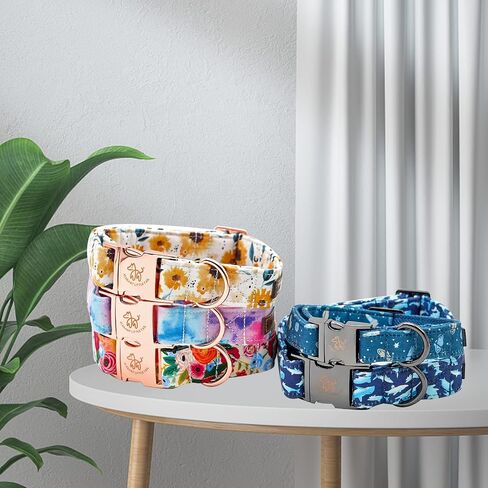 Elegant little tail Dog Collar, Pink Floral Print Pet Collar Summer Dog Collar Pet Collar Dog Cotton Durable Dog Collar Metal Buckle Collar for Medium Dogs, Blue Flower in Saudi Arabia