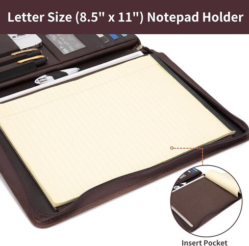 Genuine Leather Portfolio Binder, Zippered Padfolio for Men Women, Business Folio with 8.5" x 11" Notebook Holder and 13" Laptop Sleeve, Professional Executive Folder, Dark Brown in Kuwait
