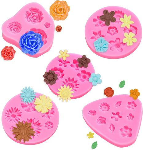 TIESOME Flower Silicone Mold, Pink Flower Fondant Cake Molds Different Flower Shapes Silicone Molds Fondant Clay Mould Flower Shape DIY Decorating Tool for Clay Soap Confectionery Projects (5 PCS) in Saudi Arabia