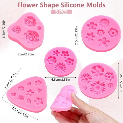 TIESOME Flower Silicone Mold, Pink Flower Fondant Cake Molds Different Flower Shapes Silicone Molds Fondant Clay Mould Flower Shape DIY Decorating Tool for Clay Soap Confectionery Projects (5 PCS) in Saudi Arabia
