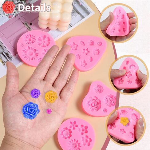 TIESOME Flower Silicone Mold, Pink Flower Fondant Cake Molds Different Flower Shapes Silicone Molds Fondant Clay Mould Flower Shape DIY Decorating Tool for Clay Soap Confectionery Projects (5 PCS) in Saudi Arabia