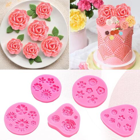 TIESOME Flower Silicone Mold, Pink Flower Fondant Cake Molds Different Flower Shapes Silicone Molds Fondant Clay Mould Flower Shape DIY Decorating Tool for Clay Soap Confectionery Projects (5 PCS) in Saudi Arabia