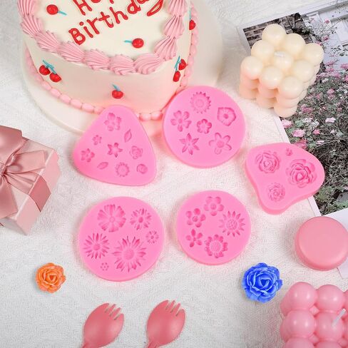 TIESOME Flower Silicone Mold, Pink Flower Fondant Cake Molds Different Flower Shapes Silicone Molds Fondant Clay Mould Flower Shape DIY Decorating Tool for Clay Soap Confectionery Projects (5 PCS) in Saudi Arabia