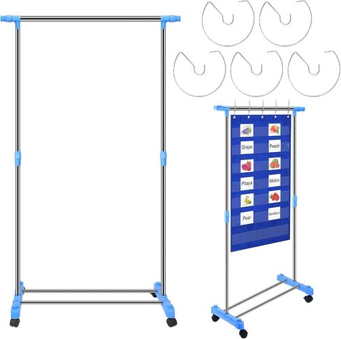 Adjustable Pocket Chart Stand Stainless Steel Expandable Chart Stand with Casters Rolling Anchor Holder with 5 Rings for Classroom Home Educational Tools, Adjustable to 63 Inch(Black) in Saudi Arabia