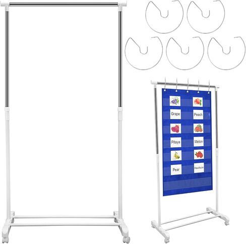 Adjustable Pocket Chart Stand Stainless Steel Expandable Chart Stand with Casters Rolling Anchor Holder with 5 Rings for Classroom Home Educational Tools, Adjustable to 63 Inch(Black) in Saudi Arabia