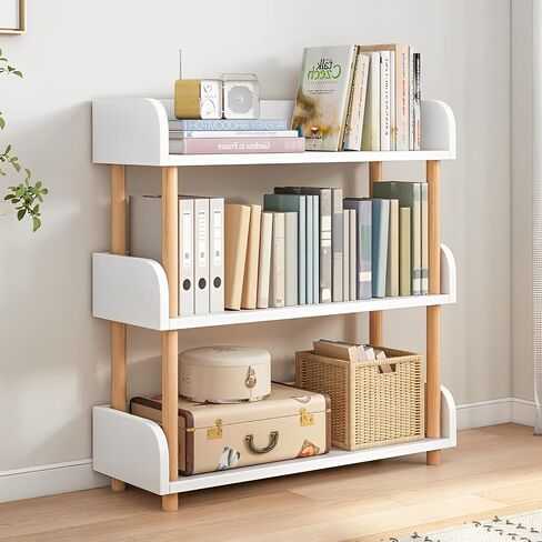 3-Tier Wooden Open Bookcase - Modern Display Bookshelf with Top Edge and Solid Wood Frame for Home and Office, Storage Cabinet, Warm White in Saudi Arabia