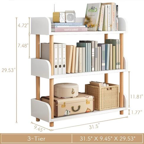 3-Tier Wooden Open Bookcase - Modern Display Bookshelf with Top Edge and Solid Wood Frame for Home and Office, Storage Cabinet, Warm White in Saudi Arabia