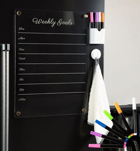 Lux Designs Gold Acrylic Magnetic Calendar for Refrigerator, Weekly Goals Dry Erase Board, 6 Vibrant Markers, 16"x12" in Saudi Arabia