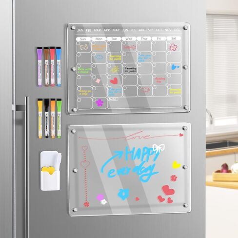 Dry Erase Calendar Acrylic Calendar for Fridge 16"X12" Magnetic Fridge Calendar Monthly&Memo Board Set Includes 8 Markers & Holder & Eraser,Clear Fridge Calendar Planner for Family Lists Menu in Saudi Arabia