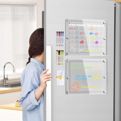 Dry Erase Calendar Acrylic Calendar for Fridge 16"X12" Magnetic Fridge Calendar Monthly&Memo Board Set Includes 8 Markers & Holder & Eraser,Clear Fridge Calendar Planner for Family Lists Menu in Saudi Arabia