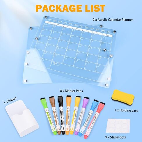 Dry Erase Calendar Acrylic Calendar for Fridge 16"X12" Magnetic Fridge Calendar Monthly&Memo Board Set Includes 8 Markers & Holder & Eraser,Clear Fridge Calendar Planner for Family Lists Menu in Saudi Arabia