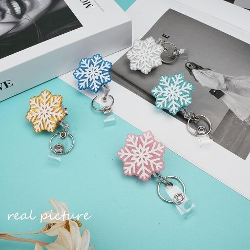 Winter Badge Reel Holder Retractable Nurse Badge Reel Bling Glitter Holiday Badge Reels Cute Acrylic Id Name Badge Holder with Alligator Clip for Office Nurses Doctors (Snowflake) in Saudi Arabia