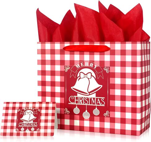 Christmas Gift Bag with Greeting Card and Tissue Papers, 12.6" Xmas Paper Plaid Bag With Handles, Reusable Holiday Bag for Present Wrap Decor in Kuwait