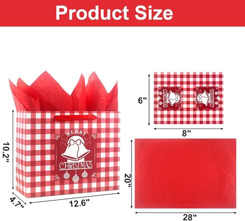 Christmas Gift Bag with Greeting Card and Tissue Papers, 12.6" Xmas Paper Plaid Bag With Handles, Reusable Holiday Bag for Present Wrap Decor in Kuwait