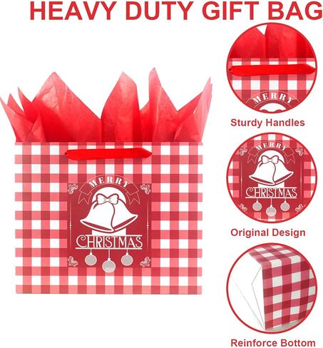 Christmas Gift Bag with Greeting Card and Tissue Papers, 12.6" Xmas Paper Plaid Bag With Handles, Reusable Holiday Bag for Present Wrap Decor in Kuwait