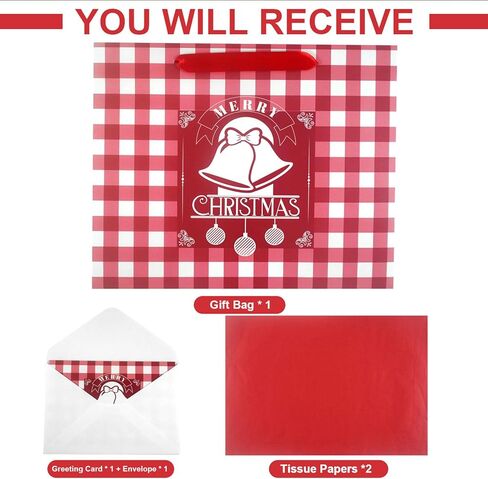 Christmas Gift Bag with Greeting Card and Tissue Papers, 12.6" Xmas Paper Plaid Bag With Handles, Reusable Holiday Bag for Present Wrap Decor in Kuwait