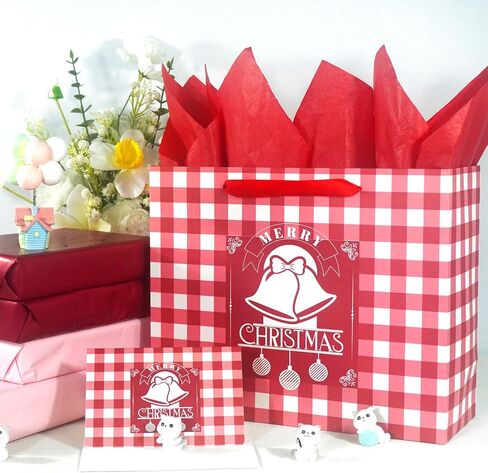Christmas Gift Bag with Greeting Card and Tissue Papers, 12.6" Xmas Paper Plaid Bag With Handles, Reusable Holiday Bag for Present Wrap Decor in Kuwait