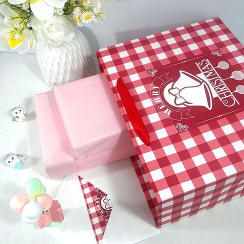 Christmas Gift Bag with Greeting Card and Tissue Papers, 12.6" Xmas Paper Plaid Bag With Handles, Reusable Holiday Bag for Present Wrap Decor in Kuwait