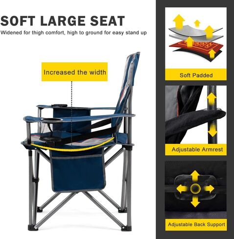 FAIR WIND 2-Pack Padded Oversized Camping Chair Heavy Duty Lawn Chair Set | Support 500 LBS, Adjustable Lumbar Support, 4-Can Cooler Bag & Large Cup Holder, Tear-Proof Wide Bag for Camp Outdoor Sports in Kuwait