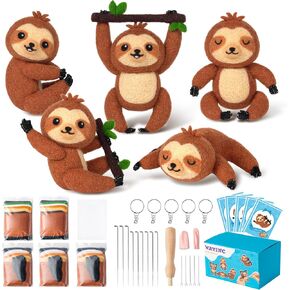WATINC Sloth Needle Felting Kit - Set of 5 Cute Doll Wool Felt Needle Felting Starter Kit Tools Foam Pad, Make Your Own Home Decoration Needle Felting Craft Party Supplies for Beginners