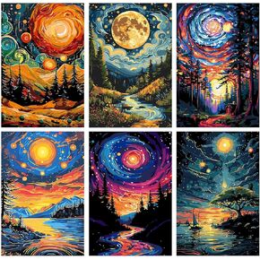 MISCER 6 Pack Paint by Numbers Kit for Adults Beginner,Starry Sky Paint by Number Kits, DIY Acrylic Oil Painting Suitable for Home Decoration (8 * 12 Inch)