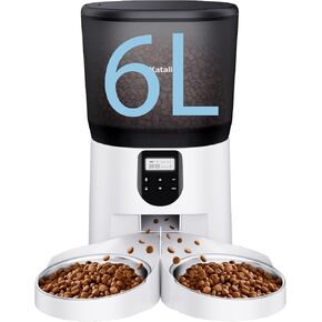 Automatic Cat Feeder for 2 Cats, 6L/25Cups Cat Food Dispenser with 2 Stainless Bowls, Pet Feeder with Timer Setting 20 Portions 4 Meals Per Day for Cats and Dogs, Dual Power Supply 10s Meal Call