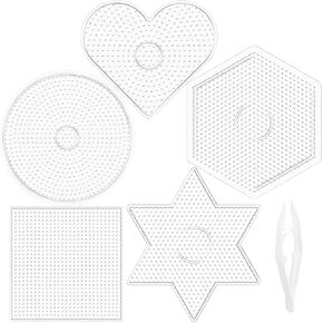Darice Fuse Beads Pegboards 5pcs - 5mm Melty Beads Peg Board, Large Clear Plastic Boards Kit for Kids and Adults - 5.5" Square, Circle, Heart, Star, Hexagon