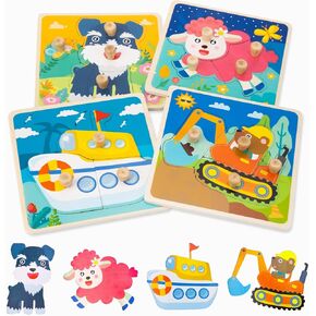 Wooden Peg Puzzles for Toddlers 1-3: 4 Pcs Montessori Educational Learning Puzzle Toys for Baby Gifts