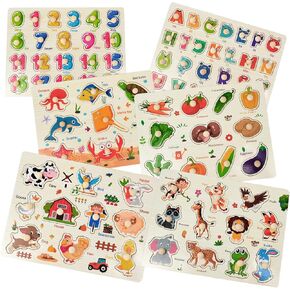 6 Pack Wooden Learning Puzzles with Handle for Kids, Numbers, Alphabet, Farm, Ocean, Animal, Vegetable Puzzles for Kids, Educational Montessori Learning Aid for Children