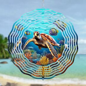 3D Sea Turtle Wind Spinner 10 Inch Ocean Theme Metal Art Stainless Steel Kinetic Art Hanging Spinner for Indoor and Outdoor Garden Decoration