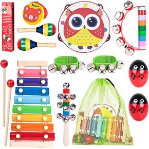 POPLAY 12PCS Toddler Musical Instruments, Wooden Percussion Instruments Toys for Toddlers Musical Toys Set with Mesh Bag Tambourine Xylophone for Baby Kids Preschool Education