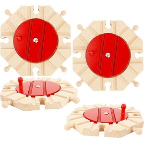 4 Pack Wooden Track Rotating Turntables Wood Train Track Expansion Packs Hardwood Switching Track Compatible with Major Brand Railway Set
