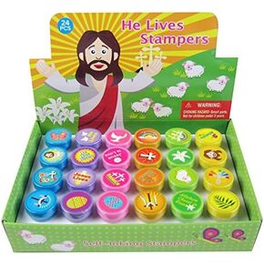 Tiny Mills 24 Pcs He Lives Jesus Stampers for Kids Easter Egg Fillers Basket Stuffers VBS Sunday School Rewards Prizes