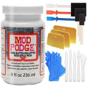 Dishwasher Safe Mod Podge (8-Ounce) Waterproof Decoupage Glue with Pixiss Accessories Kit - Includes Spreaders, Gloves, and Foam Brushes - Dries Clear for a Glossy Finish for Paper, Vinyl, Glass