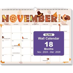 SUNEE 2025 Wall Calendar 11x8.5, 18 Months Hanging Monthly Calendar 2025, October 2024 to March 2026, Large Writing Space for Organizing & Planning, Cute