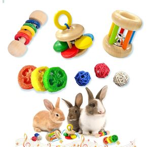 QWR 9 Pcs Wooden Bunny Toys-Safe Rabbit Toys,Rabbit Toys for Bunnies Boredom,Bite-Resistant Guinea Pigs Toys for Chinchillas Hamsters Small Animals Playing Teeth Grinding Indoor Outdoor