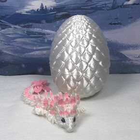 3D Printed Baby Dragon with Dragon Egg, Articulated Baby Dragon, 6"" Pink and White Cherry Blossom Baby Dragon, Fidget ADHD Autism Sensory Toy MBD04-WT