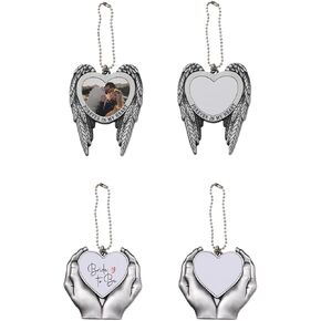 4 Sets 2 Styles Alloy Heat Transfer Sublimation Blank Pendant, Angel Wing Rearview Mirror Pendant, Heart Heat Sublimation Pendant Blanks Car Hanging Ornament for DIY Keychain