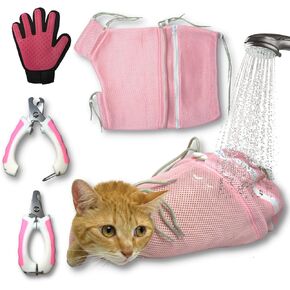 High Performance 3 Layers Cat Bathing Bag Set - 3 Pcs Multifunctional Grooming Kit with Restraint Bag, Durable Clippers, Bathing Glove - Cat Bathing Bag Anti Scratch - Cat Washing Bag for All Ages…