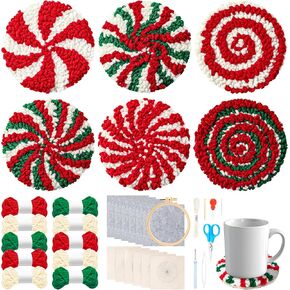 WATINC 22Pcs Christmas Candy Punch Needle Coaster Kits, Easy Art Craft Work Decoration for Beginners, DIY Set of 6 Pattern Tufted Rug Pads with Felt Yarns Embroidery Hoop Instruction For Holiday Gifts