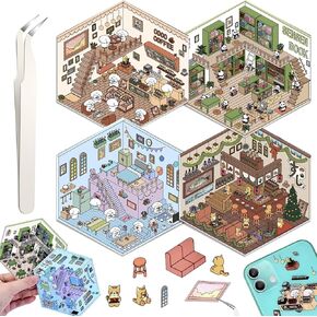 DIY 3D House Stickers, 4 Set Fun DIY Stickers Scene Make Your Own Warm Home, Supermarket, Coffee Shop, Music Bar, Cute 3D Cartoon Scene Stickers for Adult Kids Relief Stress Pass The Time (XMPLUS)