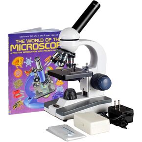 AmScope M150C-PB10-WM Compound Monocular Microscope, WF10x and WF25x Eyepieces, 40x-1000x Magnification, LED Illumination, Brightfield, Single-Lens Condenser, Coaxial Coarse and Fine Focus, Plain Stage, 110V, Includes 5 Blank Slides, 5 Prepared Slides, an