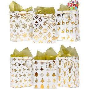 JOYIN 12 PCS Christmas Holiday Foil Gold Gift Bags with Tissue Papers and Name Card Tags; Assorted White Winter Prints for Party Favors Goody Bags, Xmas Presents and Wrapping Stocking Stuffers