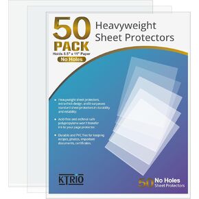 KTRIO No Holes Sheet Protectors 8.5 x 11 Inch Heavy Duty Clear Page Protectors, Plastic Paper Sleeves Document Protectors, Letter Size, Top Loading, Acid Free, 50 Pack