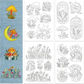 GLOBLELAND 4 Sheets Mushroom Plants Water Soluble Stabilizer Hand Sewing Stabilizers with Pre Printed Stick and Stitch Self Adhesive Wash Away Stabilizer for Bags Cloth Embroidery Hand Sewing Lover