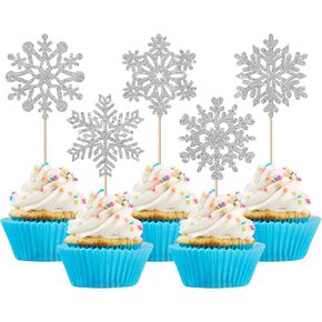 1 Pack Snowflake Happy Birthday Cake Topper Glitter Winter Wonderland Cake Pick Winter Frozen Theme Cake Decorations Birthday Theme Party Christmas Baby Shower Wedding Decoration Supplies Silver