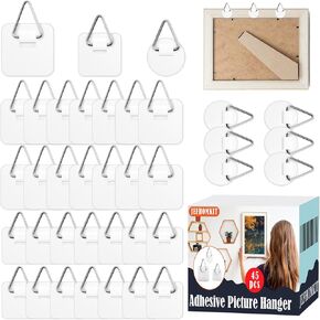 Adhesive Picture Hanger,45 Pcs Picture Hanging Hooks Without Nails,Plastic Sticky Hangers for Picture,Foamboard Picture Hangers for Plate Photo Frame Home Wall Art Decoration(3 Sizes)